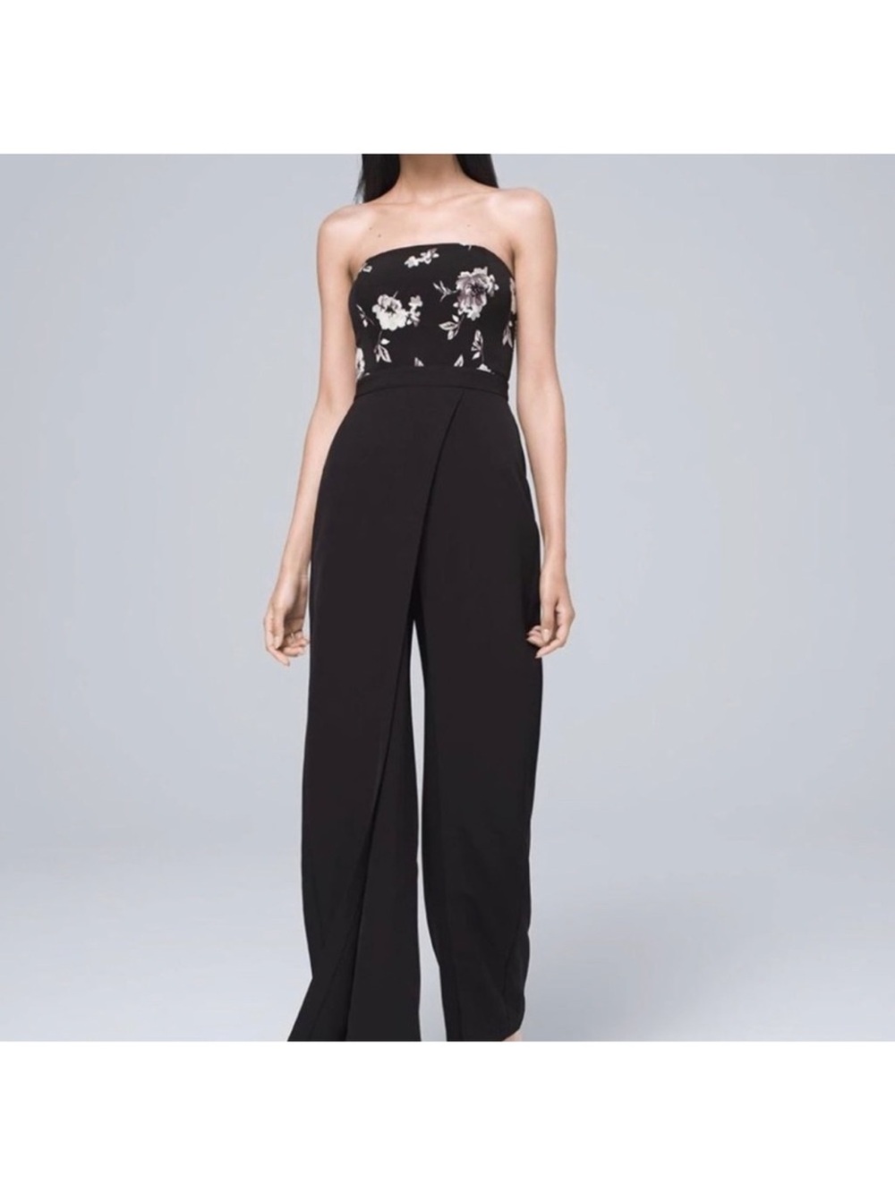 White House Black Market Black Floral Bustier Jumpsuit with Wide Legs size 8